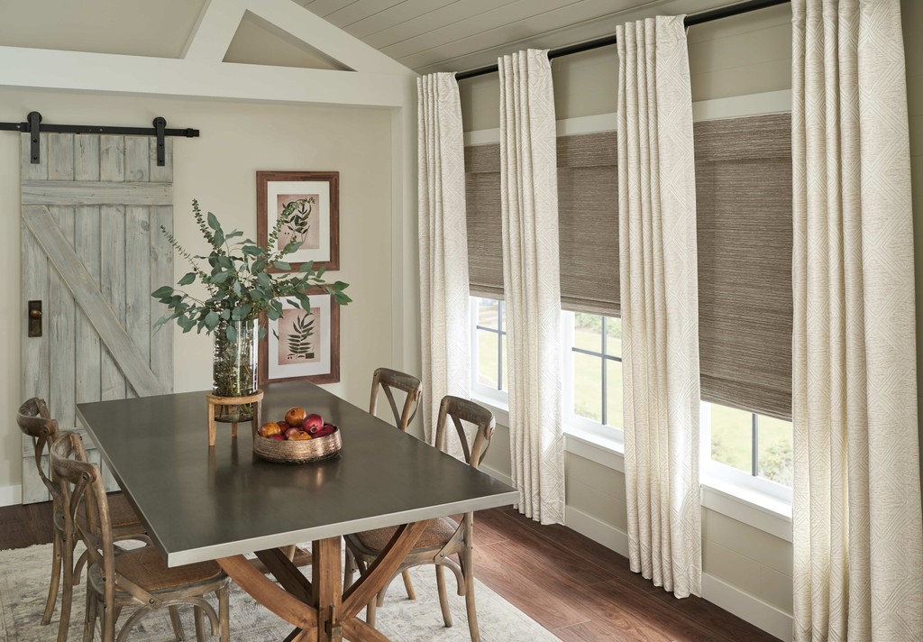 Woven Wood Blind Dining — You want dining space to be modern and uncluttered, but comfortable and inviting. Classic flat panels look elegant