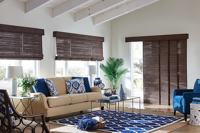 Patio Door Panel Shade — Sliding Panel shadings for the patio door window opening create a casual layering of natural materail, add contrast