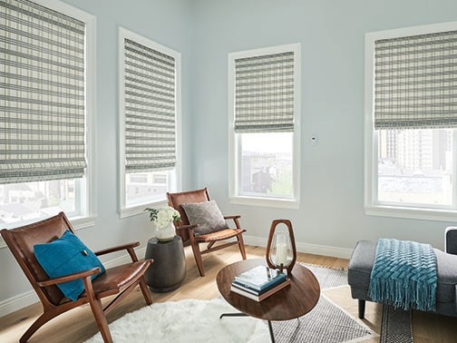 Natural Shade Tailored Roman — Create a family room window covering setting that feels light, bright, uncluttered, and natural.