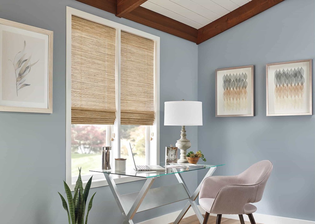 Natural Shade Office Blind — Make your home office look stylish with ample sunlight and uncluttered surfaces — keep blinds clean and calming.