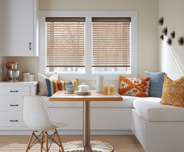 Window Aluminum Blinds Dining Area - Sleek, thin aluminum slats in range of colors, finishes and textures can complement any decor