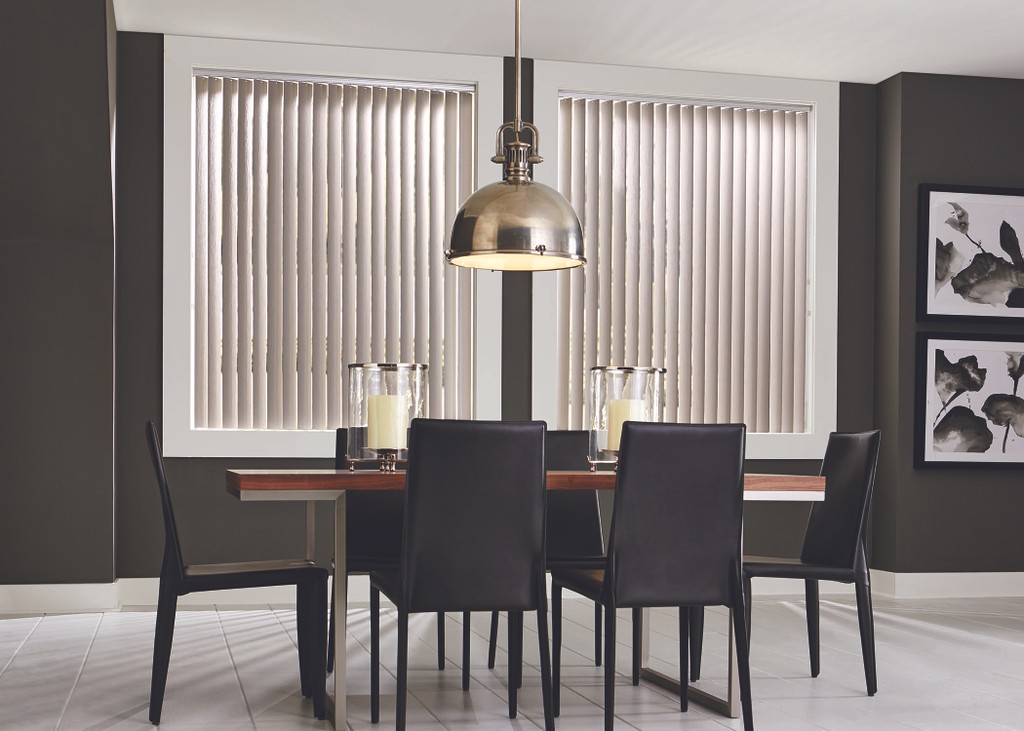 Window Vertical Blinds Dining Area - Vertical vanes traverse to left or right and offer good light control. Vanes are made of fabric, sheer, or vinyl.